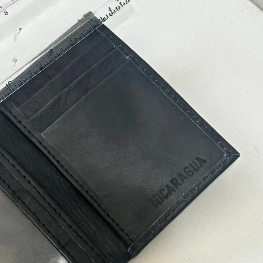 Black Leather Trifold Wallet Card Holder Artisan Nicaraguan Made - Engraved Name